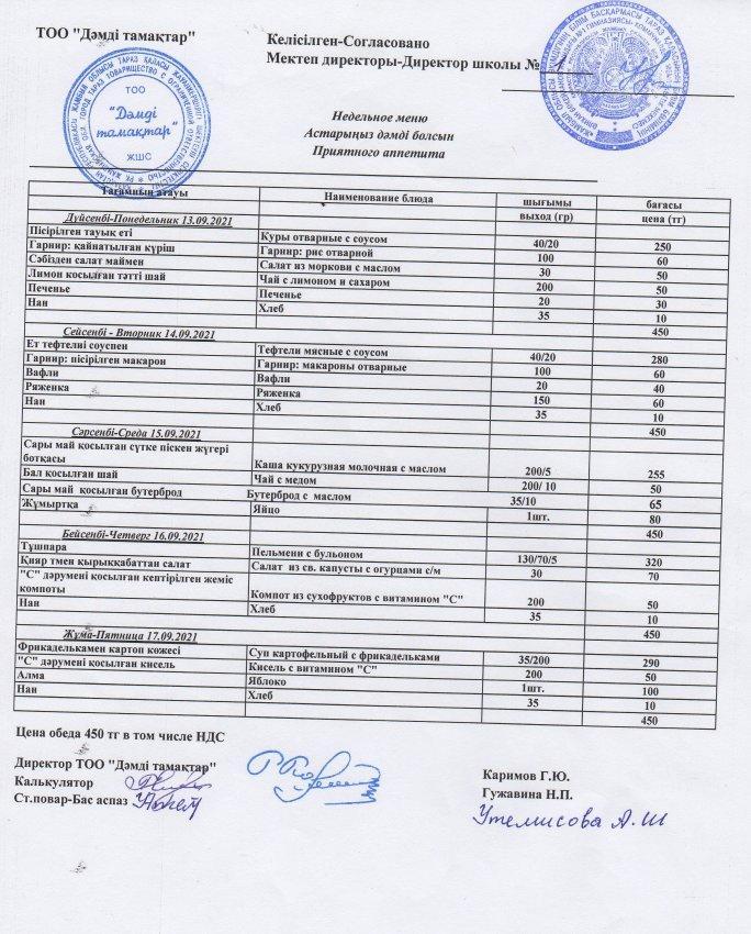 2021 жылғы 13-17 қыркүйектің ас мәзірі