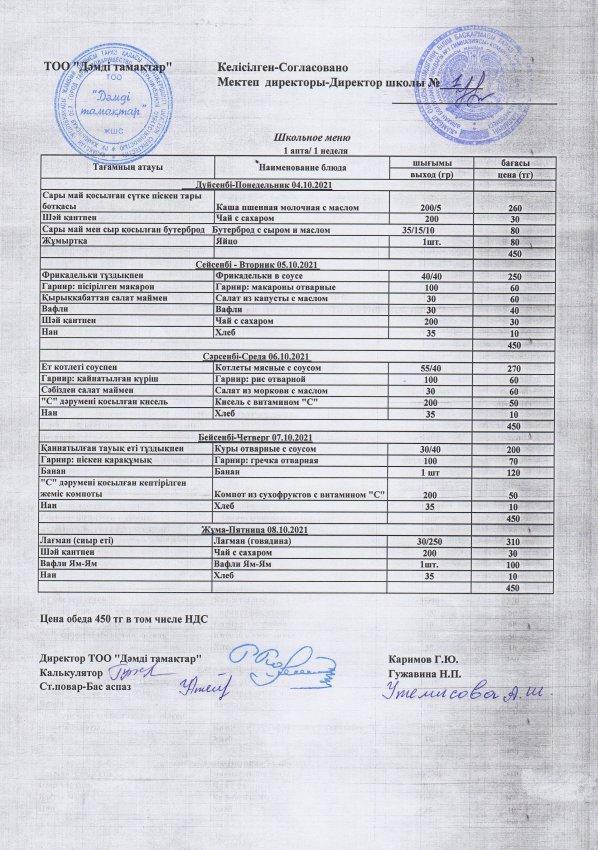 2021 жылғы 4-9 қазанның ас мәзірі