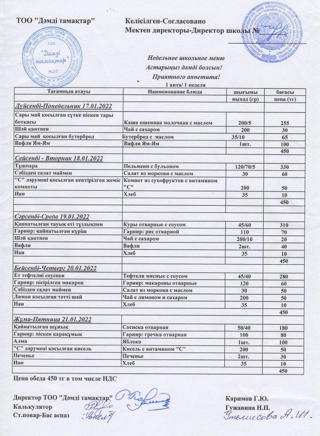 2022 жылғы 17-21 қаңтардың ас мәзірі