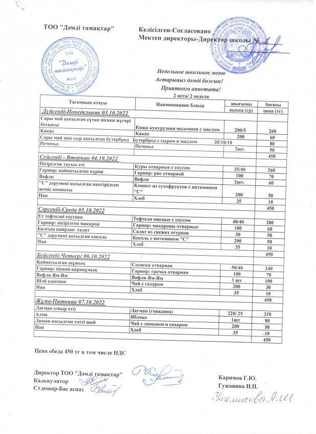 2022 жылғы 3-7 қазанның ас мәзірі