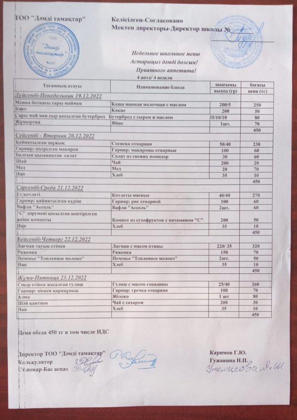 2022 жылғы 19-23 желтоқсанның ас мәзірі